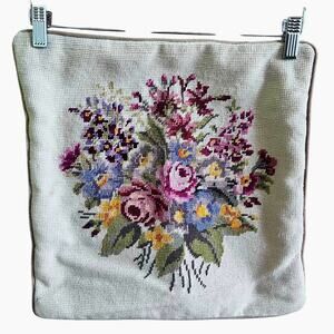 Antique Victorian‎ Gilt & Floral Hand Stitch Needlepoint Pillowcase 15x15 (D486)